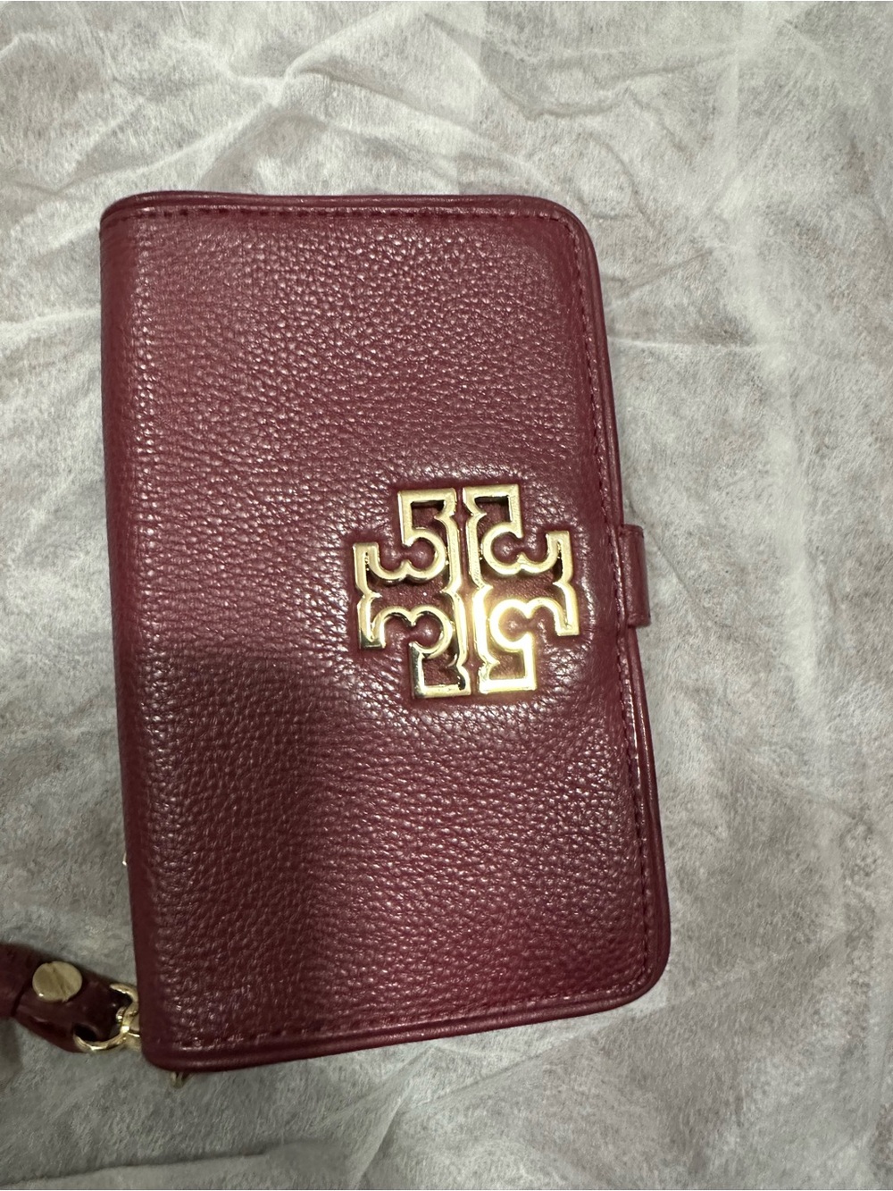 Tory Burch Pebbled Leather Wristlet in Deep Burgundy with Gold Logo